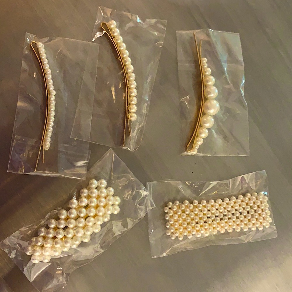 5 pearl barrettes hair clips, various